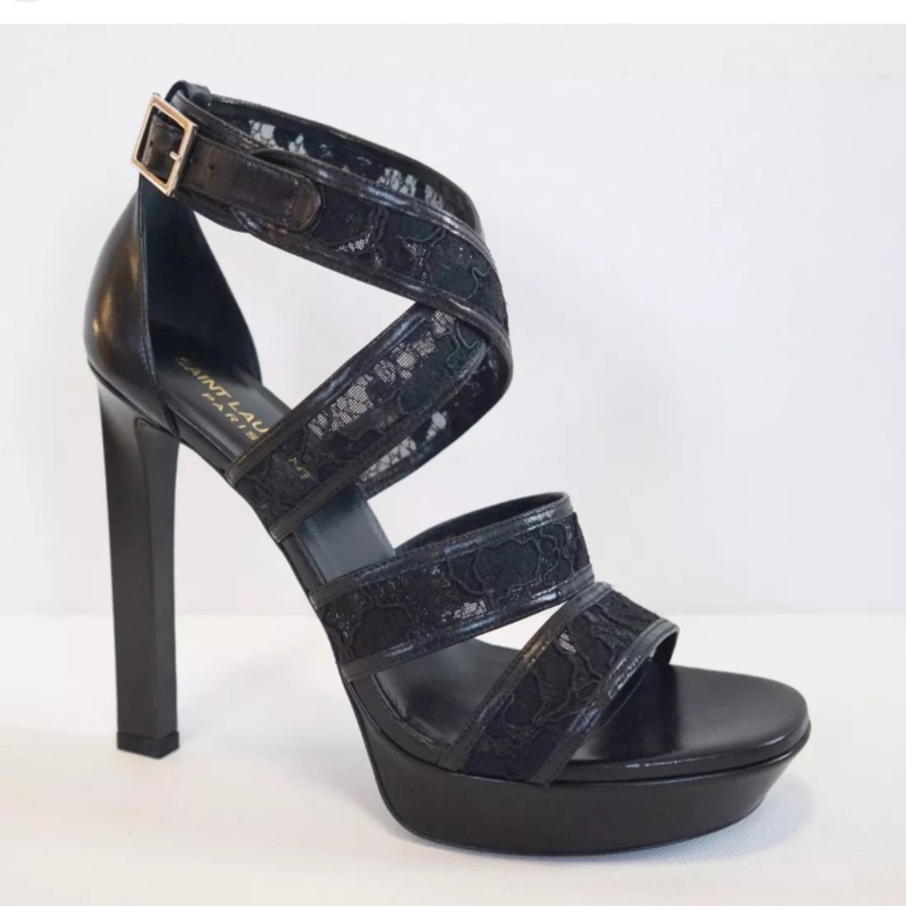 SAINT LAURENT "PALOMA 105" Lace PLATFORM Sandal Pump Shoes EUR-38 7.5